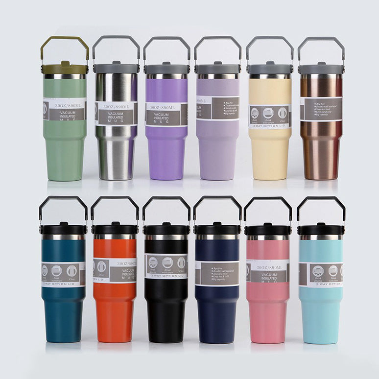 Portable Stainless Steel Travel Sports Water Bottle With Handle Cover & Coffee Tumbler.