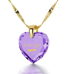 24K Gold Plated I Love You Necklace Heart Pendant & Inscribed Cubic Zirconia