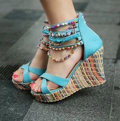 Wedge Bohemian Style Beaded Sandals