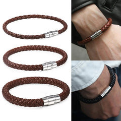 Classic Men's Leather Braided Retro Bracelet With Stainless Steel Magnet Clasp