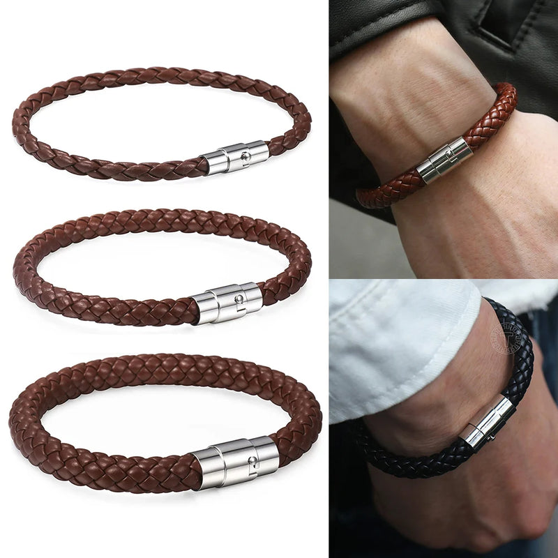 Classic Men's Leather Bracelet Retro Brown Black Braided Bracelets Stainless Steel Magnet Clasp