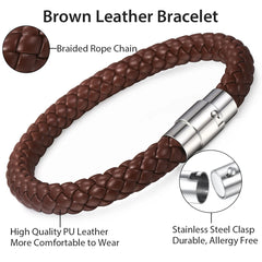 Classic Men's Leather Braided Retro Bracelet With Stainless Steel Magnet Clasp