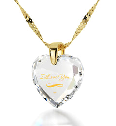 24K Gold Plated I Love You Necklace Heart Pendant & Inscribed Cubic Zirconia