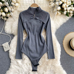 Women's Extra Large Mockneck Zipper Waist-Control Long Sleeve One-piece Jumpsuit