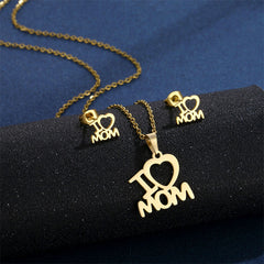 I Love Mom Love Heart Pendant Necklace & Earrings Set