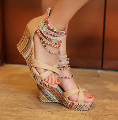 Wedge Bohemian Style Beaded Sandals