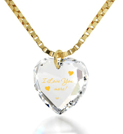 I Love You More Necklace 24k Gold Inscribed Tiny Crystal Swarovski Heart Pendant