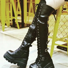 Gothic Thigh High Boots with Platform Wedges. Great for Motorcycle Riding.