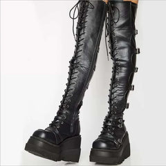 Gothic Thigh High Boots with Platform Wedges. Great for Motorcycle Riding.