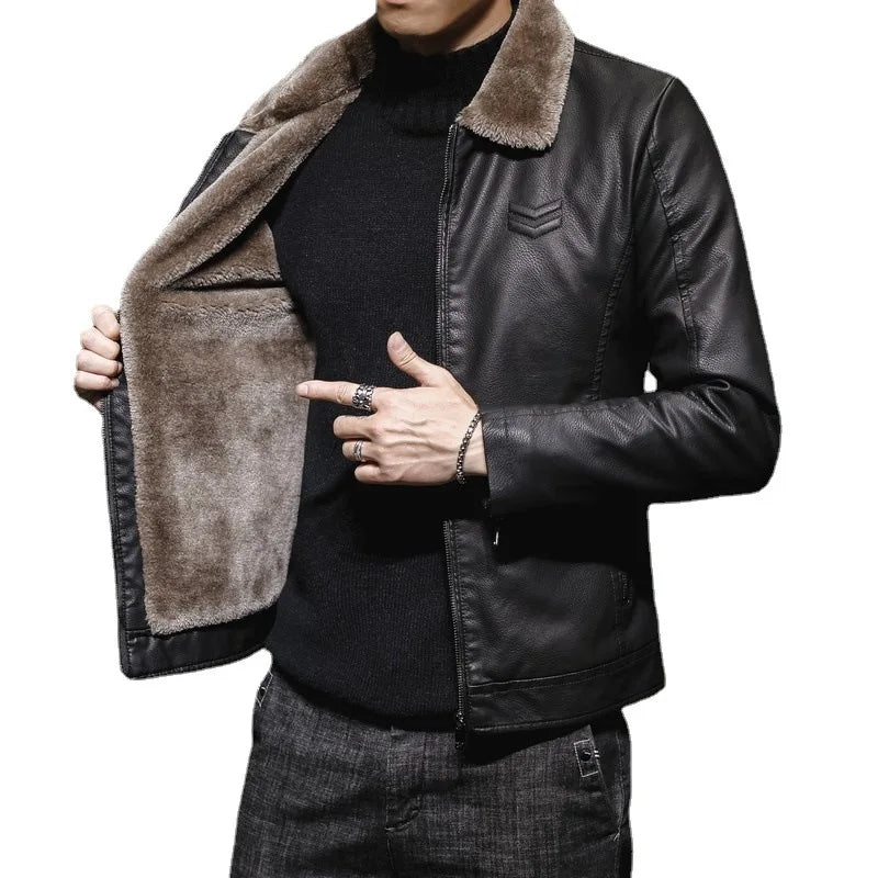 Men's Leather Jacket Long Sleeve Fur Turn Down Collar