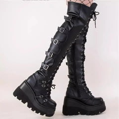 Gothic Thigh High Boots with Platform Wedges. Great for Motorcycle Riding.