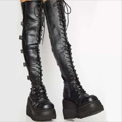 Gothic Thigh High Boots with Platform Wedges. Great for Motorcycle Riding.