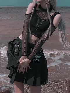 Goth Dark Fishnet Cut Out Women T-shirts & Gothic Grunge Black Crop Top Open With Shoulder