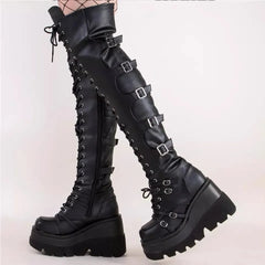 Gothic Thigh High Boots with Platform Wedges. Great for Motorcycle Riding.