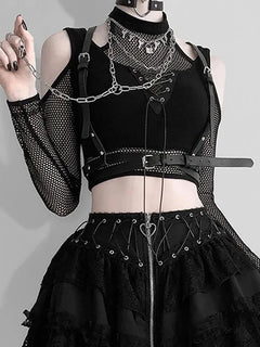 Goth Dark Fishnet Cut Out Women T-shirts & Gothic Grunge Black Crop Top Open With Shoulder