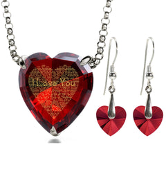 925 Silver Heart Jewelry Set, 120 Languages I Love You Necklace and Crystal Earrings