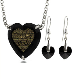 925 Silver Heart Jewelry Set, 120 Languages I Love You Necklace and Crystal Earrings