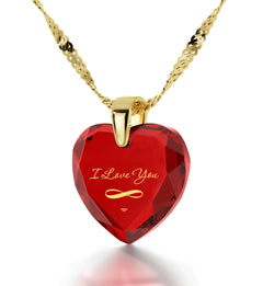 24K Gold Plated I Love You Necklace Heart Pendant & Inscribed Cubic Zirconia